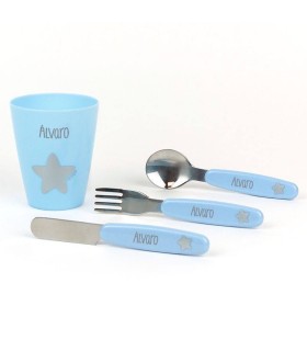 Cubiertos y vaso celeste personalizado