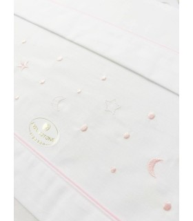 Juego sábana tela minicuna estrellas luna corazon blanco/rosa