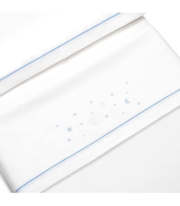 Juego sábana tela minicuna estrellas luna corazon bl/celeste