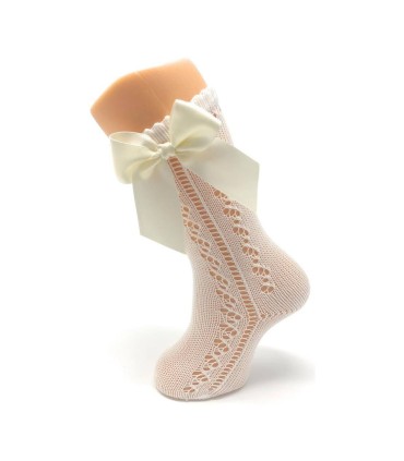 Calcetín calado perlé lazo marfil