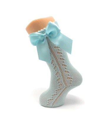 Calcetín calado perlé lazo agua marina