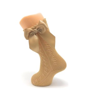 Calcetín calado perlé lazo camel