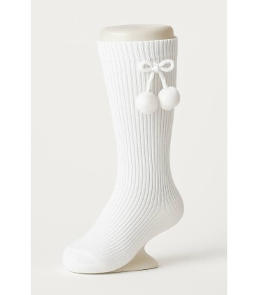 Calcetin alto borlas blanco