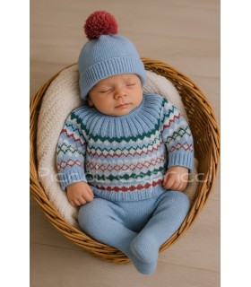 Conjunto lana 3 piezas jacuard azul cielo