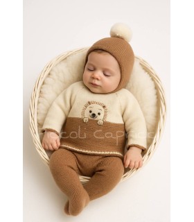 Conjunto lana 3 pzs bordado erizo nuez