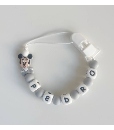 Chupetero personalizado blanco de plástico con mickey gris