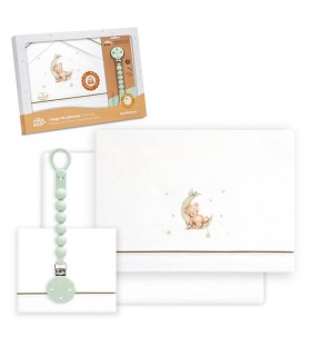 Juego sábanas CUNA de tela oso luna verde con chupetero