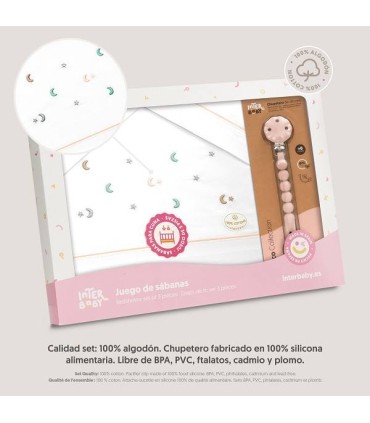 Juego sábanas CUNA de tela luna multicolor rosa con chupetero