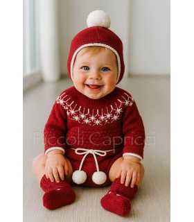 Conjunto jersey, cubre pañal ,gorro y botitas. Scarlet