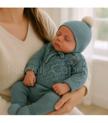 Conjunto jersey, polaina y gorro trenzado musgo azul verdoso