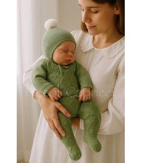 Conjunto jersey, polaina y gorro trenza polaina trebol verde