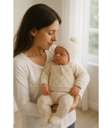 Conjunto jersey, polaina y gorro trenza polaina natural beige