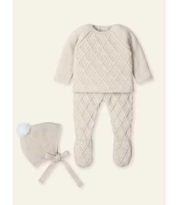 Conjunto jersey, polaina y gorro trenza polaina natural beige