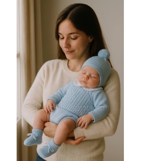 Traje 4P trencitas con cuello bordado, patucos y gorro pompom "CLOUD BRAIDE"