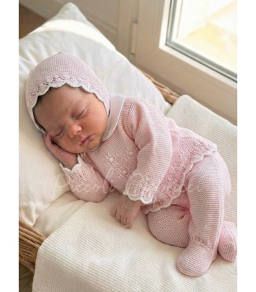 Conjunto lana bodoques rosa con blanco