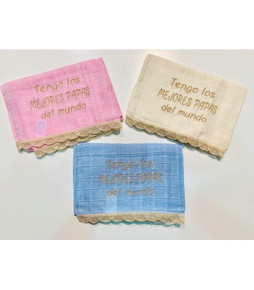 Gasas encaje de bolillo y bordada con frase Tengo los Mejores papás