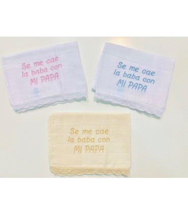 Gasas encaje de bolillo y bordada con frase Se me cae la baba con Mi papa...